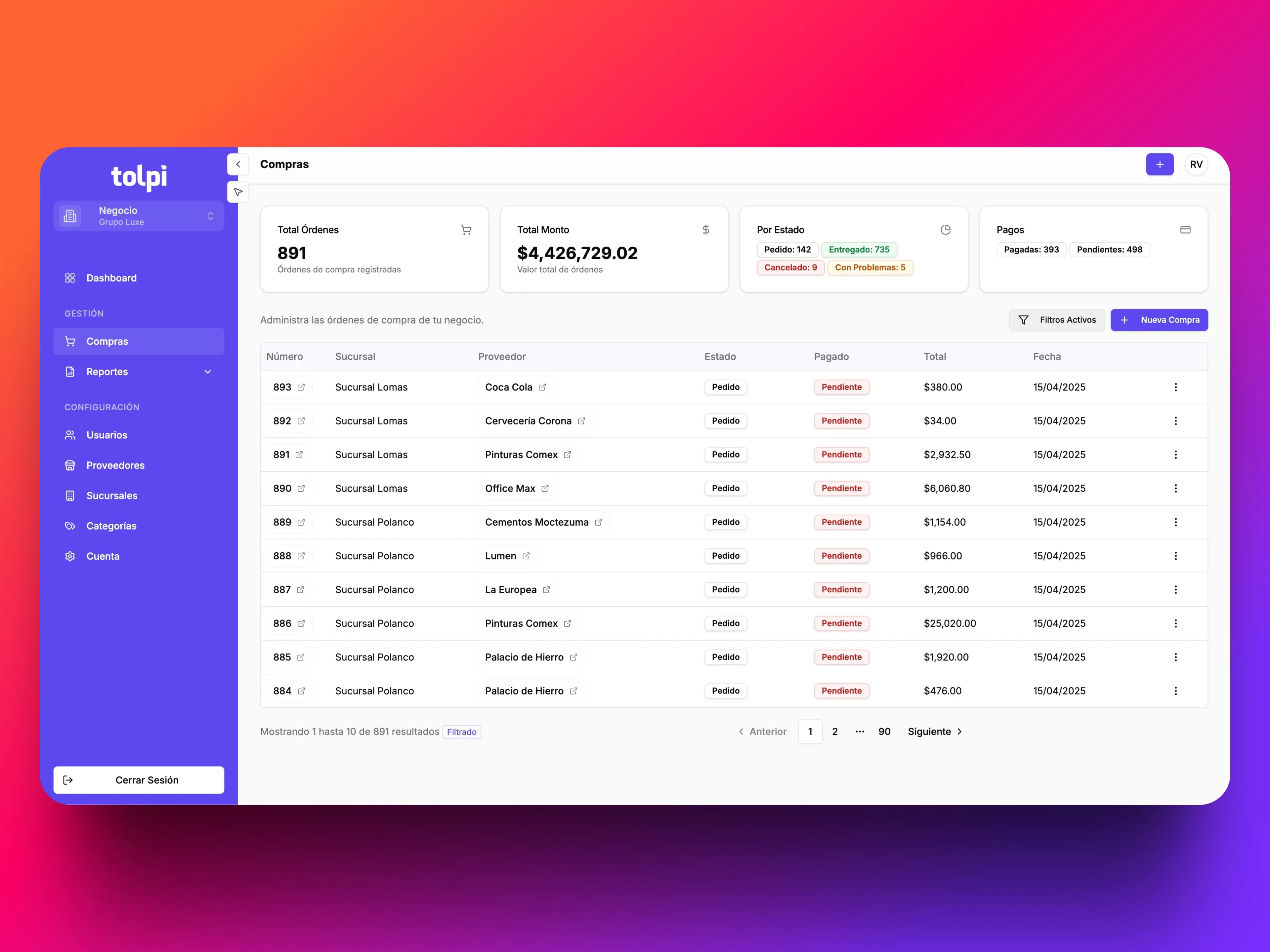 Interfaz de gestión de compras